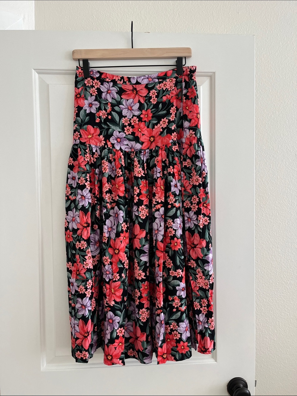 Anthropologie Abel the Label Black Floral Midi Skirt with Red & Lavender Blooms